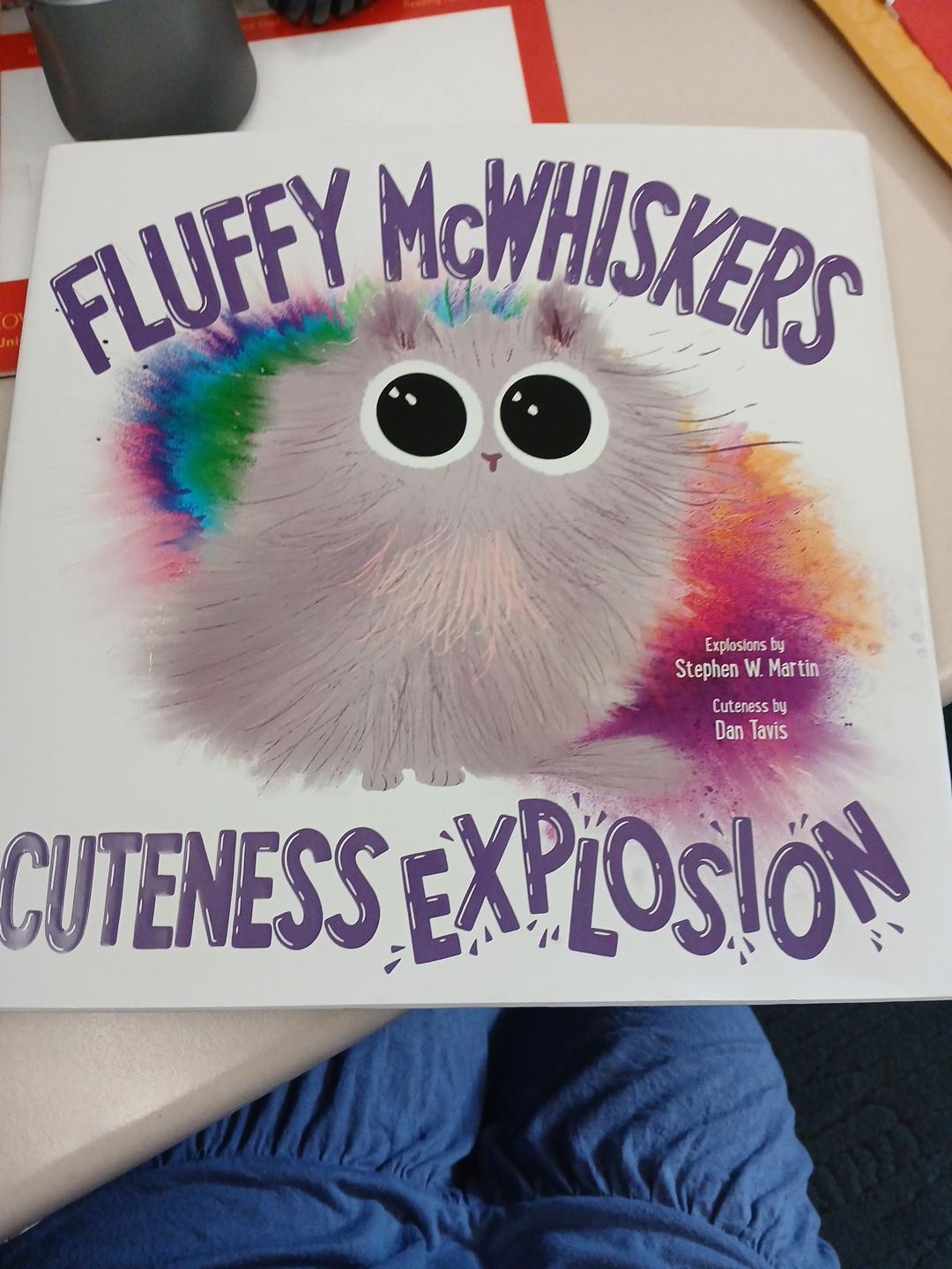 Cover of the book "Fluffy McWhiskers: Cuteness Explosion" featuring a fluffy grey cat with rainbow-colored fur and big eyes.